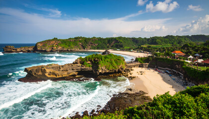 Tropical beach with ocean waves, and temple.