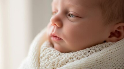 Soft, tender portrait of a newborn baby peacefully wrapped in a white blanket. Gentle light and serene mood—perfect for parenting blogs, birth announcements, hospitals, and baby product branding.
