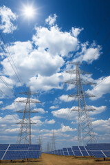 Solar panels and power lines under bright sun and blue sky symbolize renewable energy and grid modernization. scene conveys sense of sustainability and technological advancement
