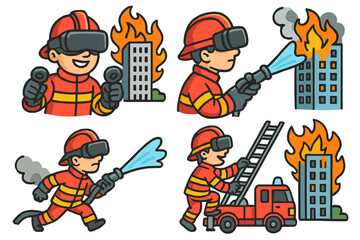 Firefighters engage in virtual reality training while battling flames in a simulated urban environment