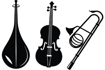 Silhouettes of a sitar cello and trombone on a white background
