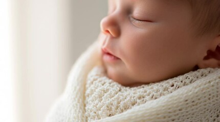 Soft, tender portrait of a newborn baby peacefully wrapped in a white blanket. Gentle light and serene mood—perfect for parenting blogs, birth announcements, hospitals, and baby product branding.
