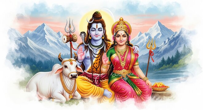 Watercolor Shiv Parvati with Nandi &ndash; Artistic God Wallpaper (16:9)