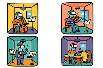 Musicians using virtual reality to practice their instruments in colorful, enclosed environments