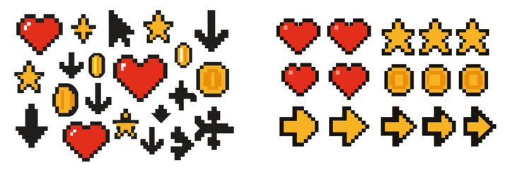 Obraz premium Colorful pixel art icons of hearts, coins, stars, and arrows designed for retro gaming and digital platforms