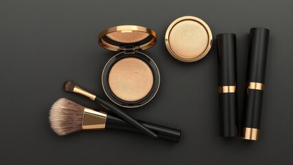 Cosmetic Glamour Minimalist Still Life Depicting Elegant Makeup Essentials in Gold and Black Tones on a Dark Gray Backdrop