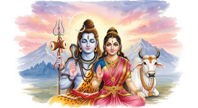 Watercolor Shiv Parvati with Nandi &ndash; Artistic God Wallpaper (16:9)