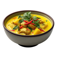 Delicious yellow chicken curry with fresh herbs and chili isolated on transparent background