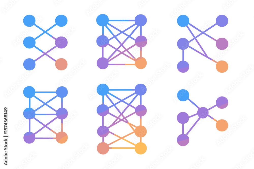Poster colorful abstract network diagrams illustrating connections and relationships among nodes in a data 