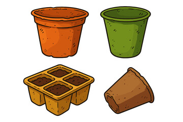 Various types of planting pots for gardening arranged together in vibrant colors and different shapes