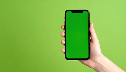 Hand holding a smartphone with a green screen