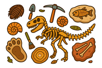 Colorful dinosaur skeleton and fossil collection featuring various specimens and excavation tools