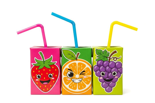 Fruit juice boxes strawberry orange grape healthy drink for kids on white background