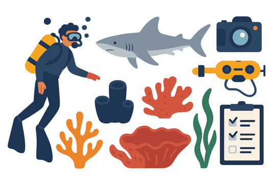 Diver explores underwater world near coral reefs while observing marine life and recording findings