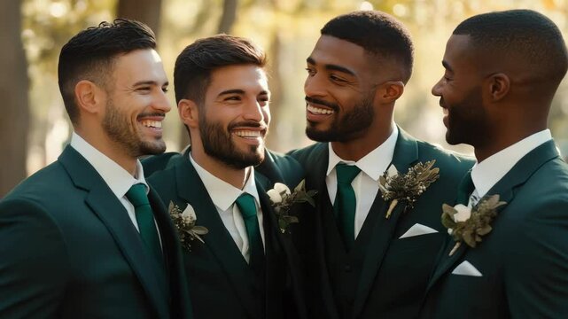 Groom and groomsmen share joyous moments at outdoor wedding