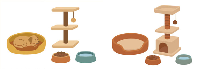 Pet furniture and accessories arranged neatly for dogs and cats in a cozy home environment