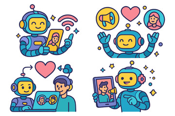 Robots interacting with people through technology in colorful illustrations of communication and connection