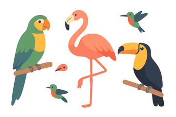 Colorful tropical birds in a cheerful illustration capturing the diversity of avian species found in vibrant ecosystems