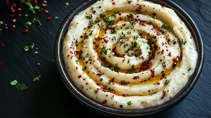 Creamy, white chickpea dip garnished with herbs and spices.