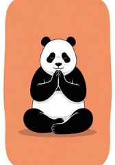 Peaceful Panda in Meditation Pose - A serene panda bear sits cross-legged, hands pressed together in a peaceful meditation pose against a soft orange background