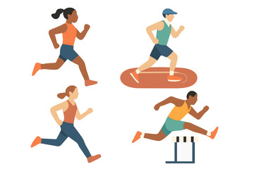 Diverse runners engaging in various athletic activities at a track in bright daylight during a community sports event