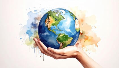 Earth held in a hand, watercolor style