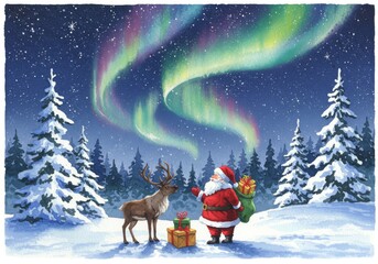 Fototapeta premium Santa's Arctic Aurora Adventure - Santa Claus, his reindeer, and gifts under the magical aurora borealis in a snow-covered forest.