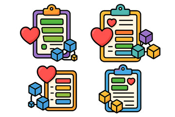 Colorful checklist designs featuring hearts and blocks for creative projects or organizations