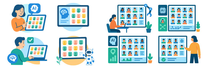 People engaging with digital interfaces showcasing AI applications in a modern office environment during the day