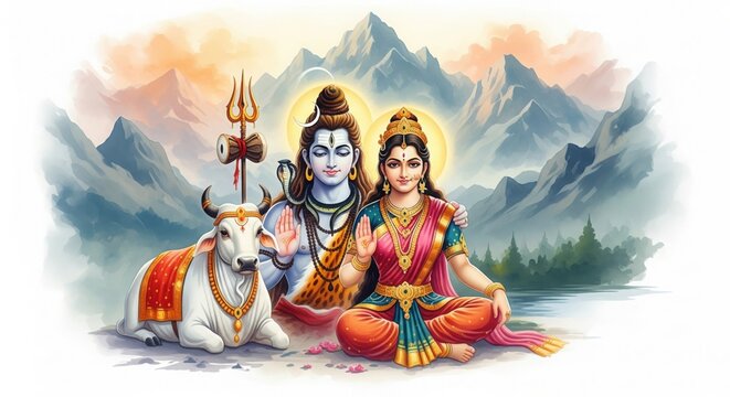 Watercolor Shiv Parvati with Nandi &ndash; Artistic God Wallpaper (16:9)