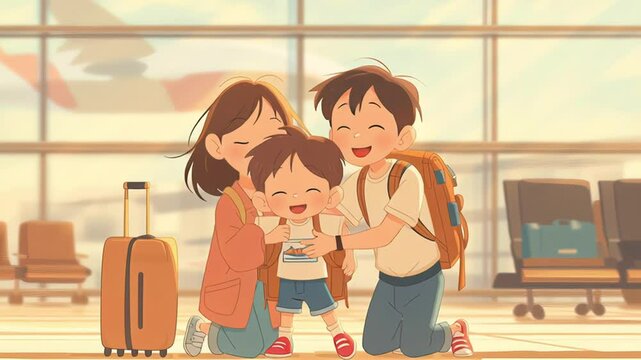 Cute animated family with luggage standing together at an airport terminal, smiling and ready to travel. Concept of family vacation, travel adventure and joyful moments

