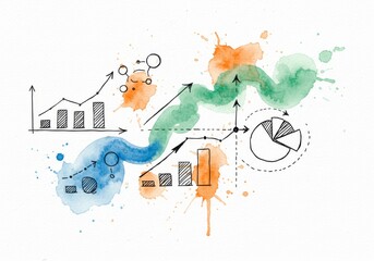 Strategic Growth: A Visual Plan - Visualizing business success, this uses charts, graphs, and flowing watercolor to represent financial planning, risk assessment, and strategic growth for a positive