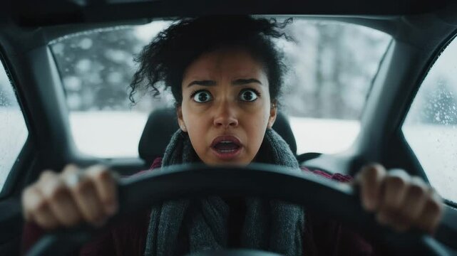 Driver reacts with fear during unexpected moment in winter storm