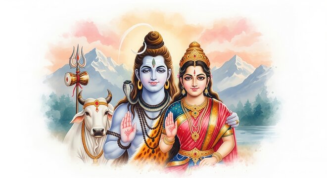 Watercolor Shiv Parvati with Nandi &ndash; Artistic God Wallpaper (16:9)