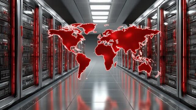 Digital Realm: A server room, radiating a cool futuristic ambiance with orderly rows of computer servers and a glowing global map, suggesting an expansive digital network.