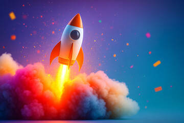 Inspiration concepts with rocket light bulb and colorful sparks on blue background, Business start up Ideas,Generative ai