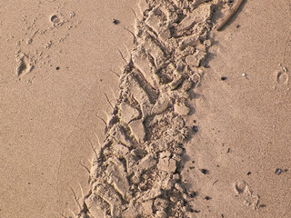 Tire track on sand of desert or beach.