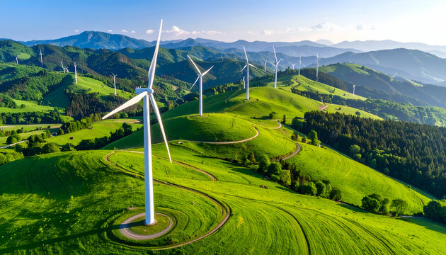 Wind turbines on green hills. - Powered by Adobe