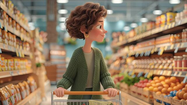 Animated woman smiling while grocery shopping with a cart full of vegetables in a brightly lit supermarket aisle. Concept of healthy lifestyle, food choices and everyday routine

