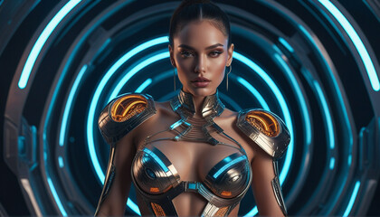 Futuristic woman posing in futuristic fashion tech suit