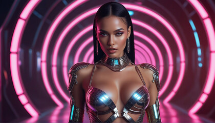 Futuristic woman posing in futuristic fashion tech suit