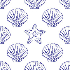 Stylized seamless pattern inspired by the sea. Featuring artistic depictions of seashells and invertebrates, this decorative design is perfect for fabric, wallpapers, and nautical-themed projects.