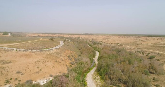 Aerial view of observatory looking at a dry stream, HaBesor, Israel.