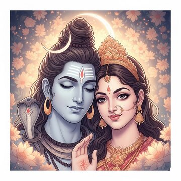 Elegant Shiv Parvati Close-Up with Floral Background &ndash; Square Art (1:1)