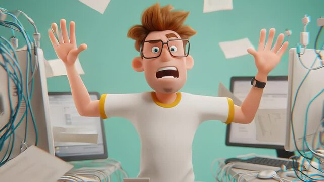 Frustrated animated man surrounded by tangled cables and multiple computer screens, expressing confusion. Concept of tech issues, IT frustration and system overload
