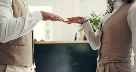 Hands, secret handshake and fist bump in office or colleagues with gesture for collaboration or deal. Success, people and motivation for teamwork in corporate company, achievement and together - Powered by Adobe