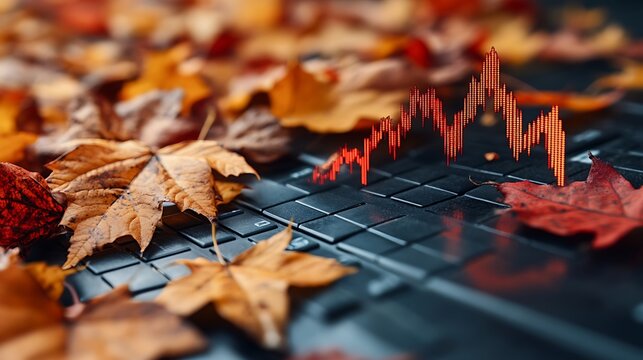 Autumn leaves and a downward trend chart on a laptop keyboard.