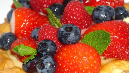 Obraz premium Fresh summer fruit tart featuring ripe strawberries, blueberries, and raspberries, garnished with mint, perfect for a light dessert.