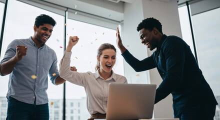Three diverse professionals celebrate success in office with confetti, A jubilant team achieving goals and celebrating milestones with high-fives and cheers