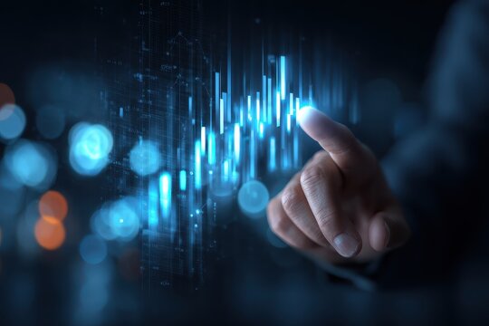 Hand Touching Digital Graph on Dark Background in Modern Business Concept